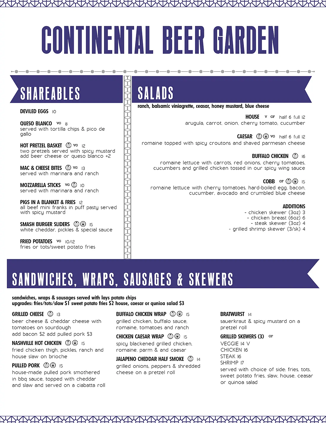 Continental Beer Garden menu of sharables, salads and sides